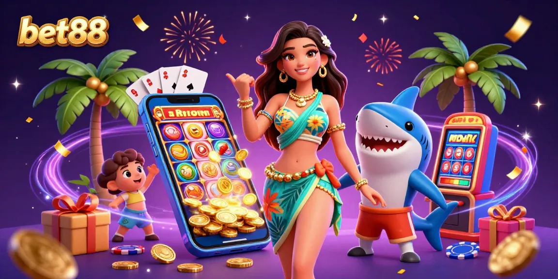 Engage with bet88's vibrant gaming world with an enticing scene of winnings amidst festive celebrations.