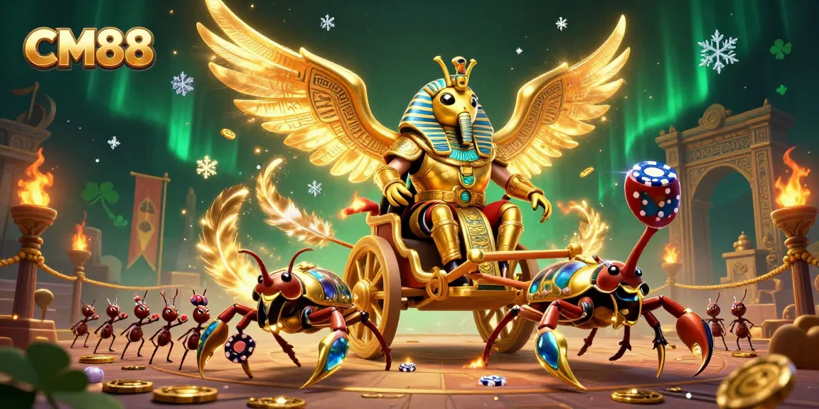 Experience thrilling gaming with CM88, featuring a dynamic chariot race scene and casino elements.