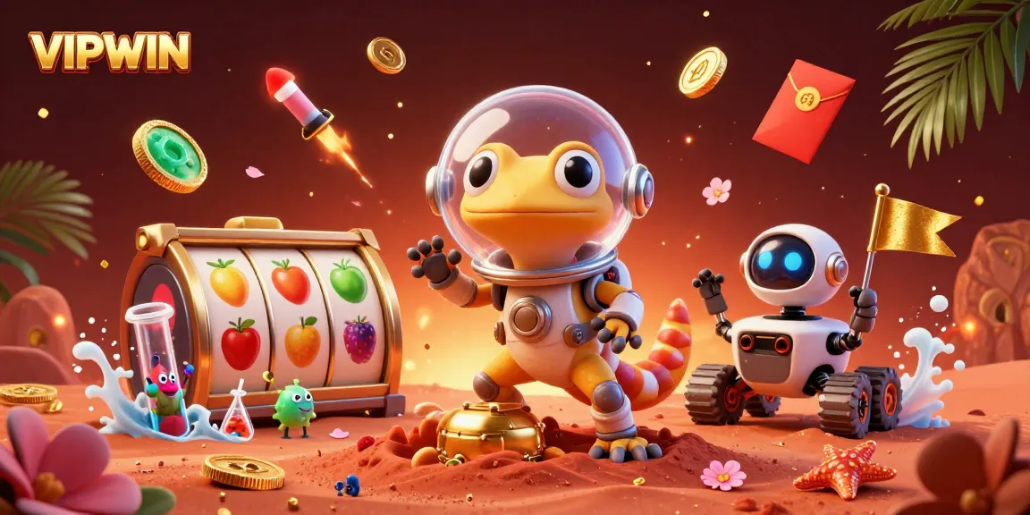 Engage with VIPWIN's thrilling gaming experience through a vibrant 3D illustration filled with excitement.