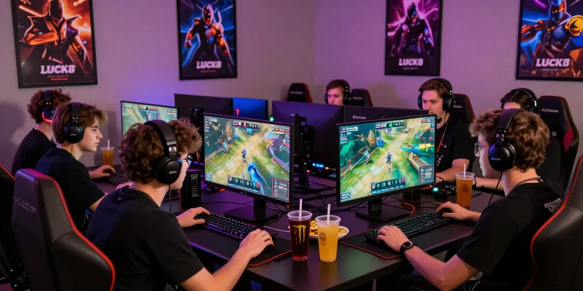 LUCK8 gaming experience with friends immersed in an eSports match, vibrant atmosphere and modern setup.