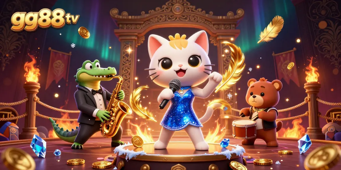 Experience thrilling fun at gg88 tv with a jazzy cat, croc, and bear in a vibrant casino atmosphere.