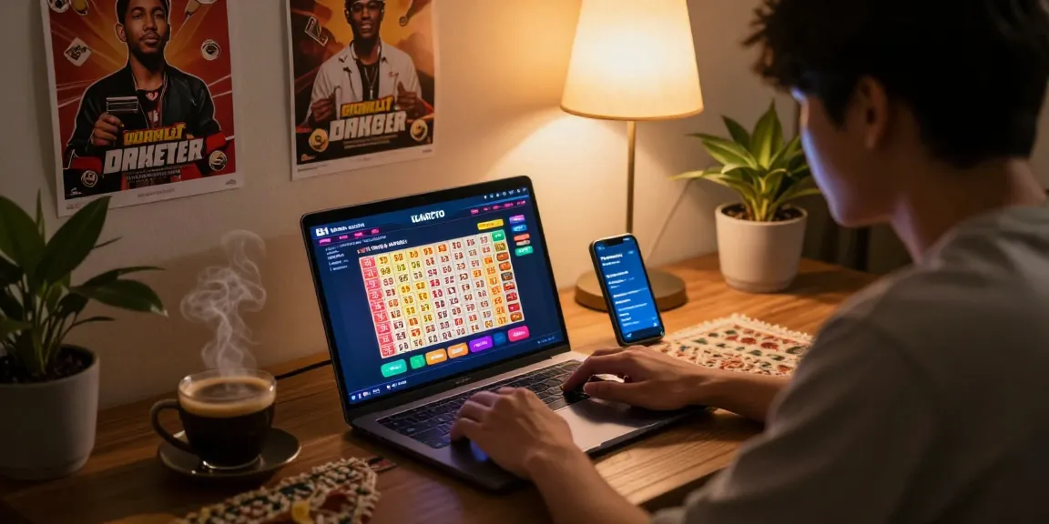 Player engaging with ULARTOTO togel on laptop in a cozy home setup, showcasing a vibrant gaming interface.
