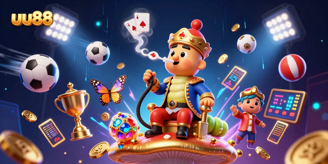 uu88 players enjoy thrilling gaming with a vibrant 3D illustration of a hookah-master and dynamic sports elements.