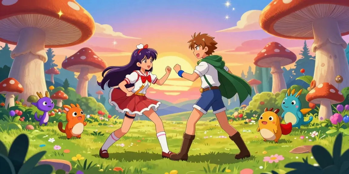 Hentai game characters engaged in playful adventure in a vibrant fantasy setting.