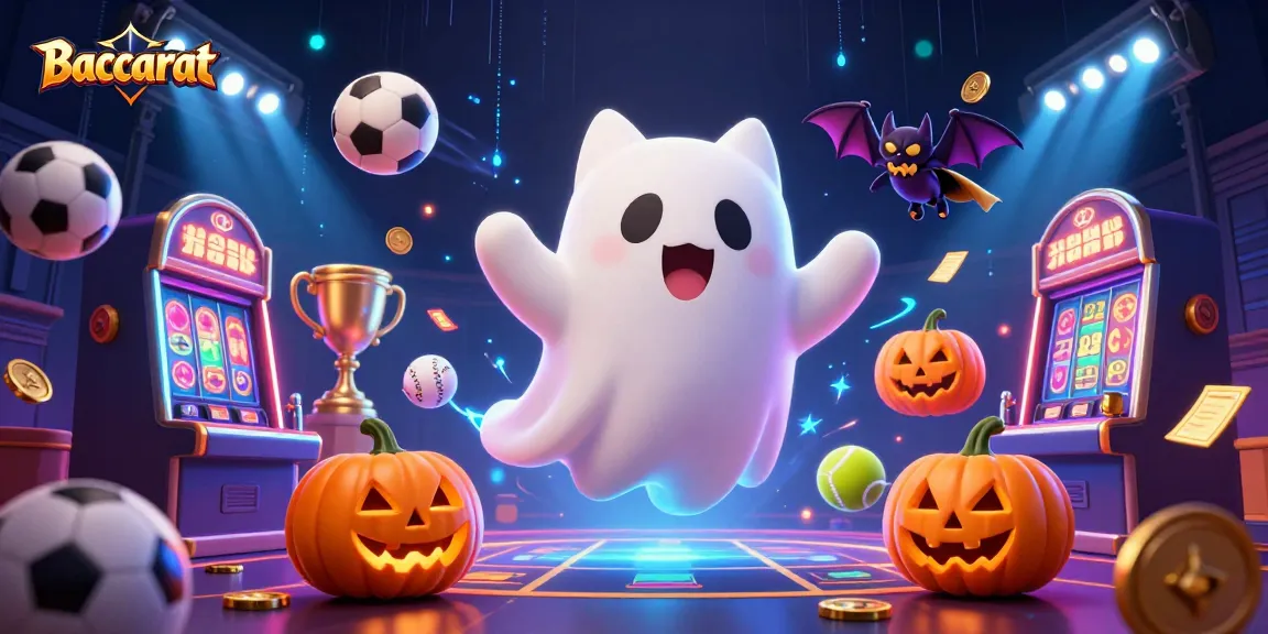 Baccarat game illustration showing a friendly ghost cat and bat in a haunted casino.