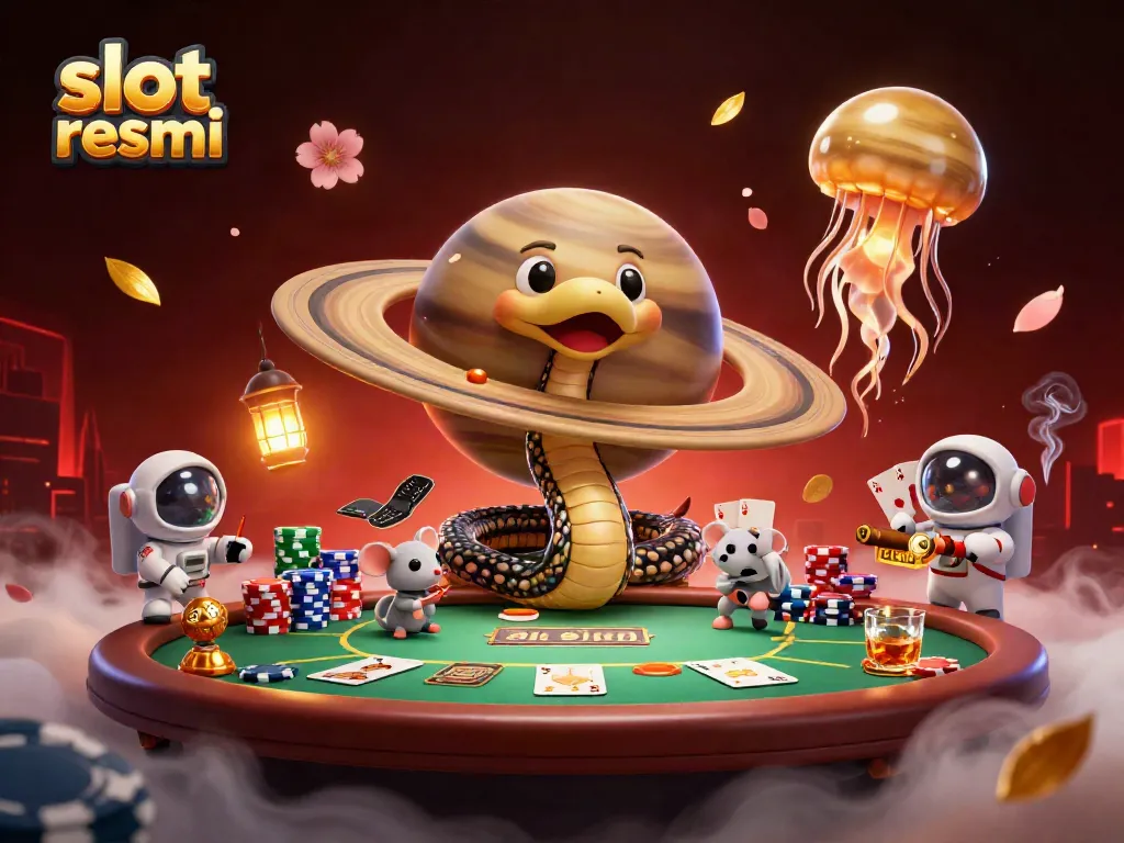 Watch tiny astronaut mice place bets on a Saturn-themed roulette wheel in this vibrant slot resmi illustration.
