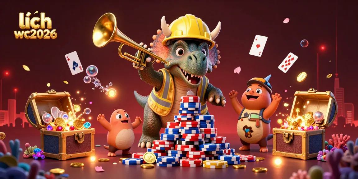 Celebrate the lịch wc2026 with a whimsical scene featuring a triceratops building poker chips.