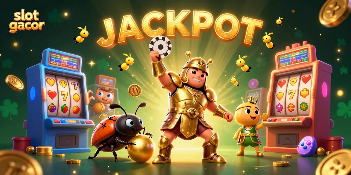 Permainan slot gacor saat jackpot terlihat dari karakter kumbang dan mesin slot bersinar dengan keberuntungan.