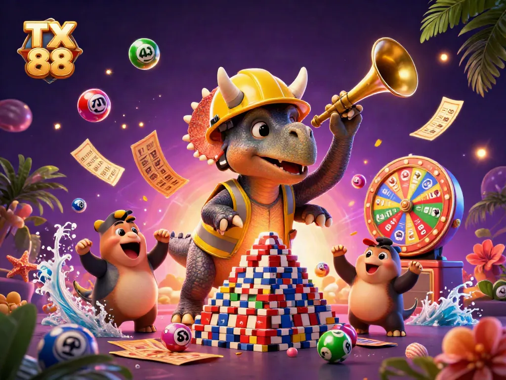 TX 88 showcases vibrant gaming fun with cartoon dinosaurs celebrating jackpots amid colorful casino elements.