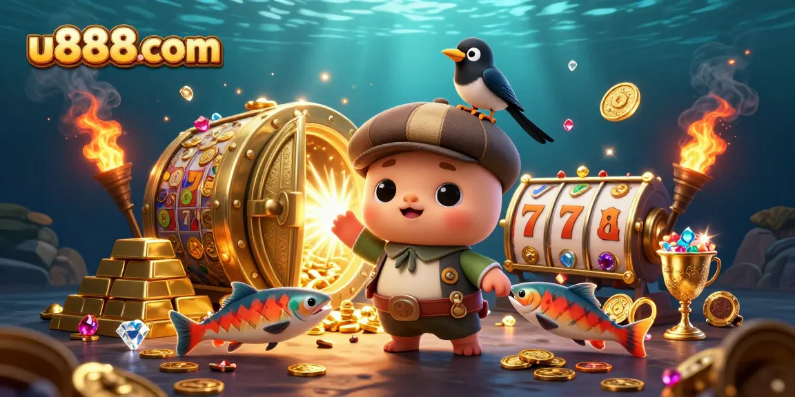 Win big with u888com’s vibrant casino adventure featuring playful characters and slot machines.