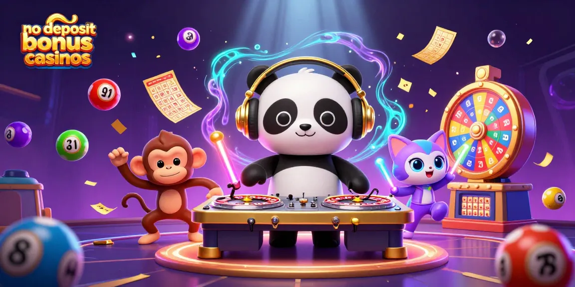 No deposit bonus casinos celebration with a DJ panda, breakdancing monkey, and glow-stick kitten in a vibrant casino scene.