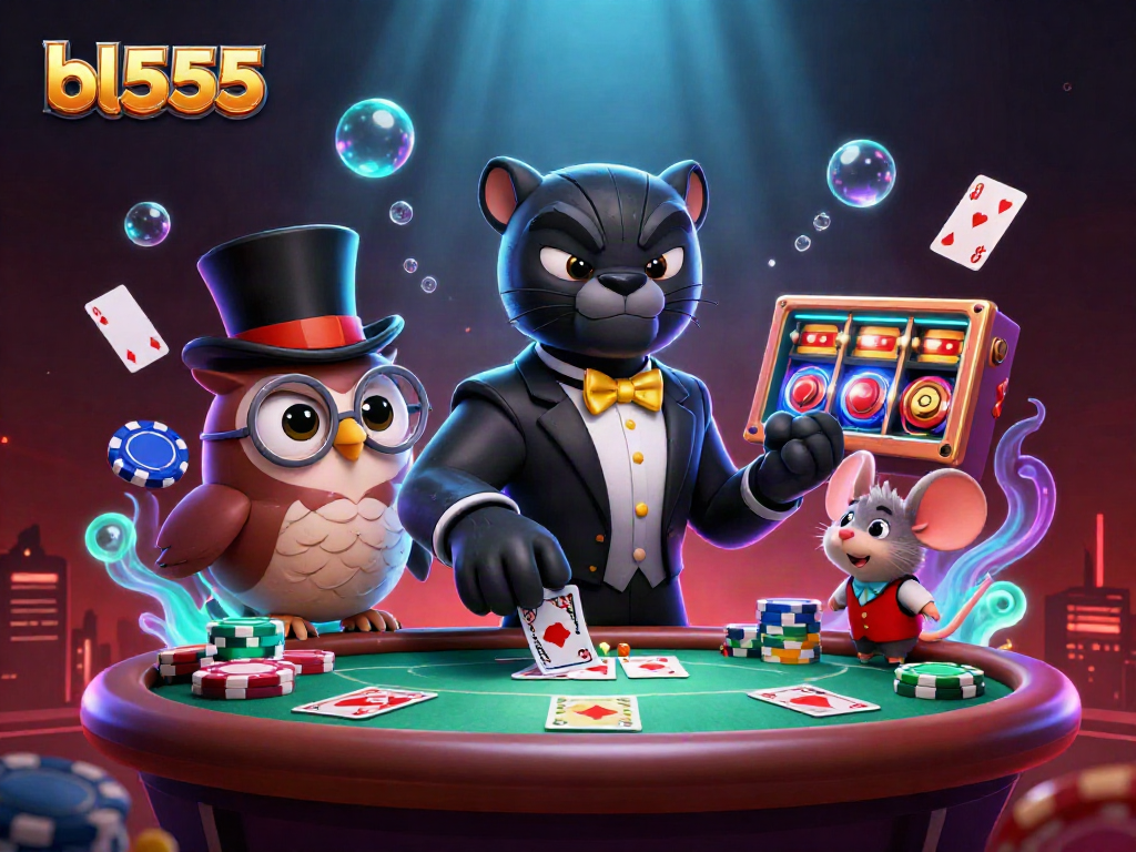 Engaging bl555 casino scene featuring a stylish panther dealing cards with an owl and lucky mouse, all in vibrant 3D.
