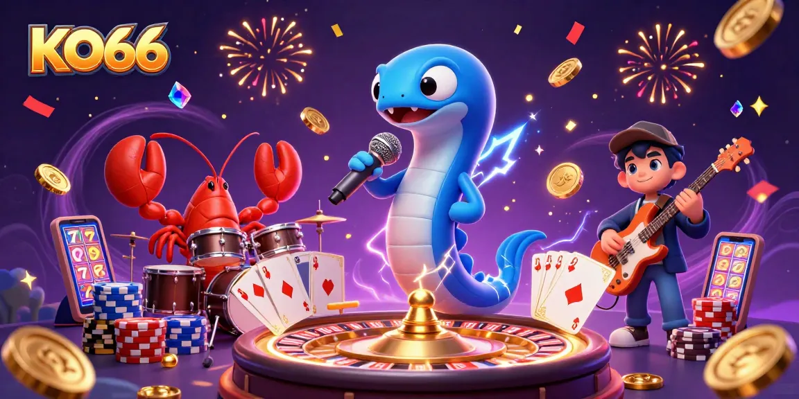 Experience the excitement of KO66 with a 3D cartoon illustration of a DJ eel and band at an underwater casino.