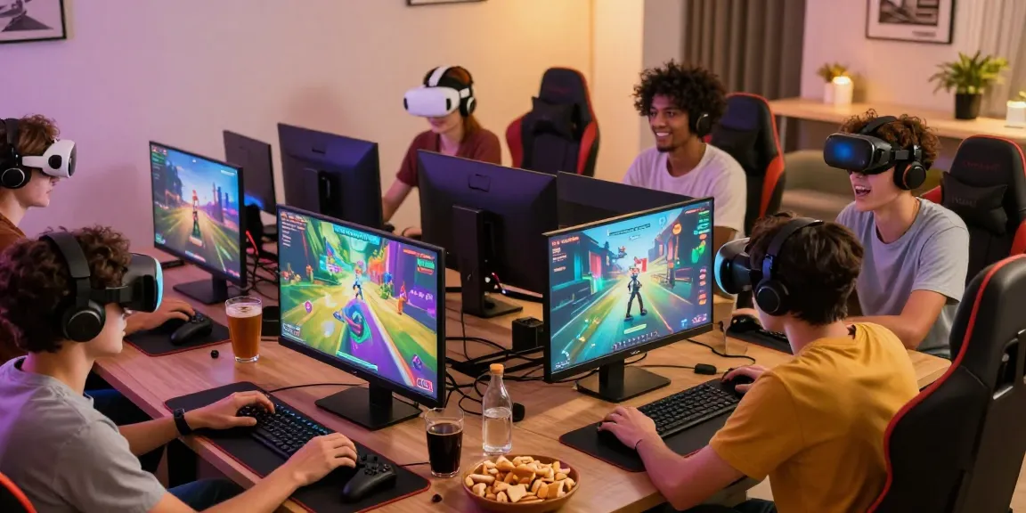 Diverse gamers enjoying various porno games during a fun online session with vibrant graphics and cozy atmosphere.