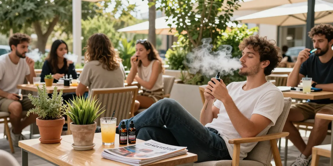 Can you vape in Cyprus? Relaxing outdoor gathering with friends enjoying premium vape products and CBD oil in a vibrant café.