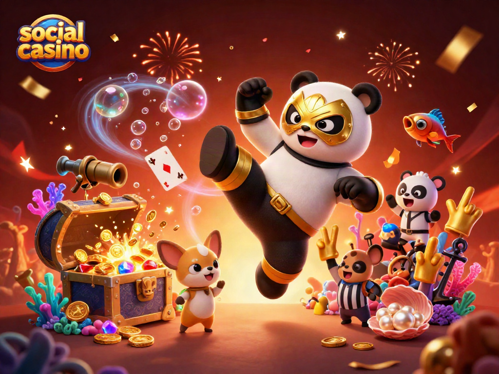 Engage in a vibrant social casino scene with action-packed characters and elements.