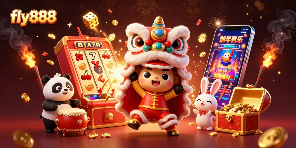 Experience winning with fly888 at a vibrant online casino scene featuring slot machines and festive characters.