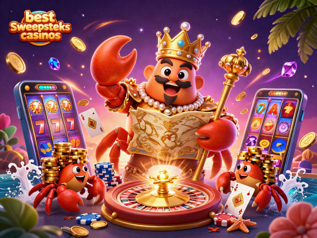 Engage in the best sweepstakes casinos featuring a 3D golden crab emperor and vibrant casino elements.