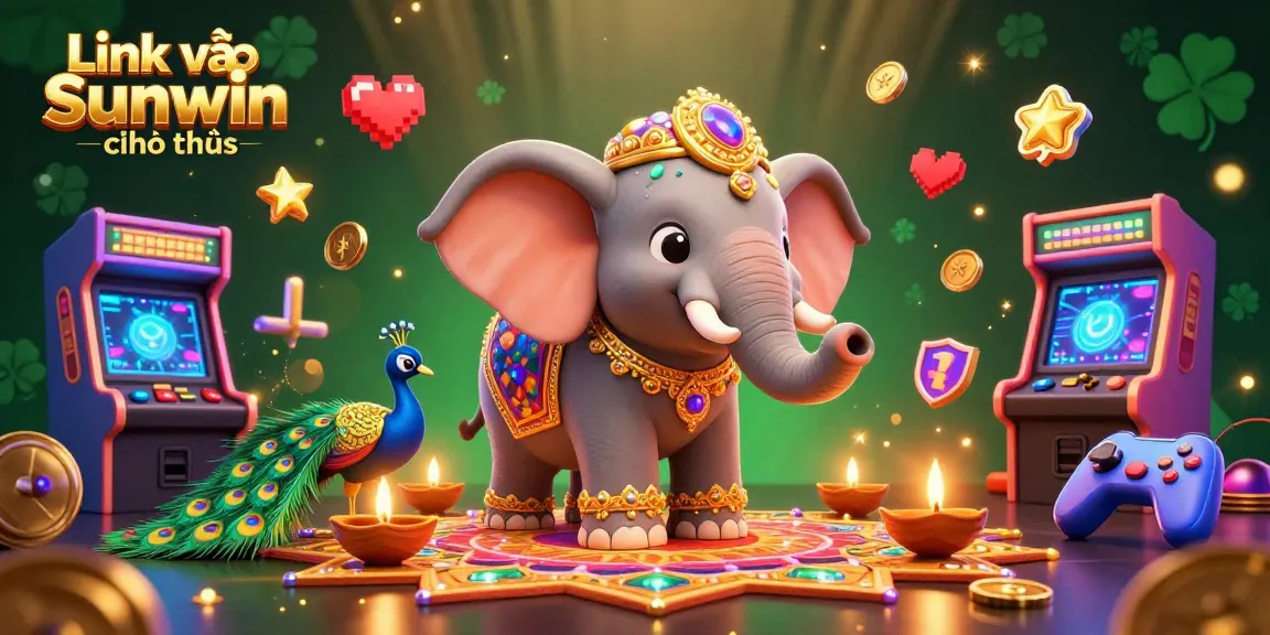 Link vào Sunwin chính thức showcasing a vibrant 3D casino scene with Diwali-themed characters and arcade elements.