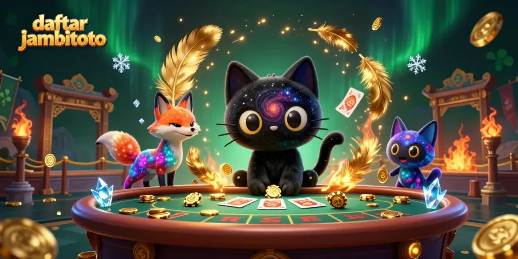 Engage with daftar jambitoto at a cosmic casino with a black hole cat and nebula fox.