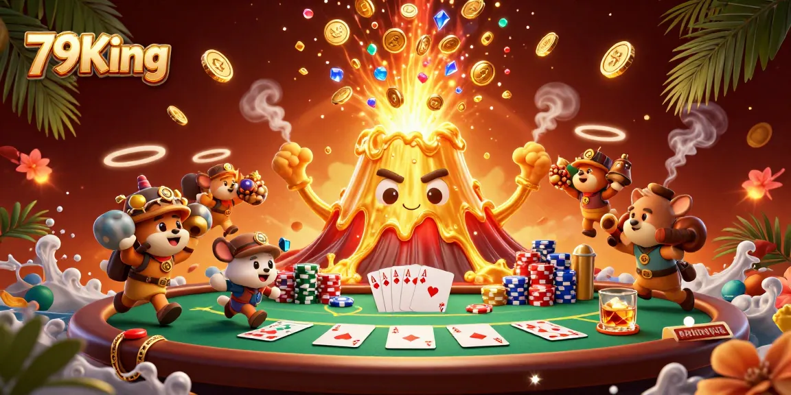 Experience the thrill of 79King with vibrant 3D elements of poker and treasure in a dynamic casino scene.
