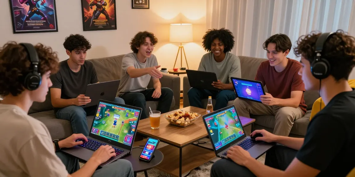Raja Game login gathering with friends in a cozy living room, showcasing devices and excitement.