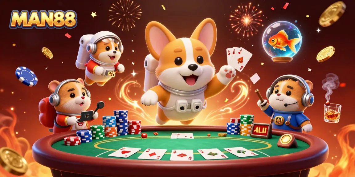 Experience the thrills at MAN88 with a vibrant 3D illustration featuring animated characters in a lively casino scene.