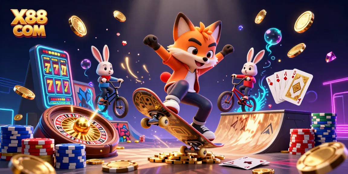 Engage with thrilling slots and casino games at X88 COM in this dynamic 3D scene.