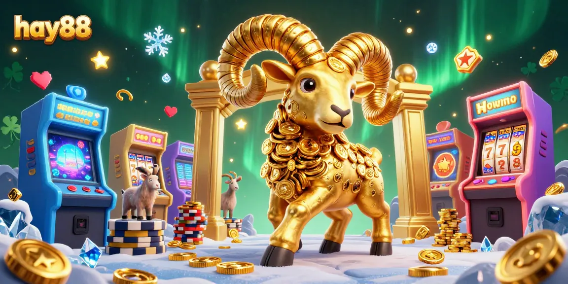 Enjoy playing exciting slots at hay88 with a vibrant 3D casino illustration featuring a golden ram and game elements.
