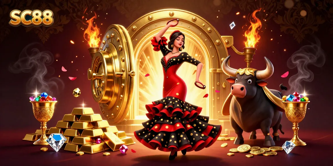 Engage with SC88's vibrant online casino experience featuring a flamenco dancer and a golden bull amidst treasures.