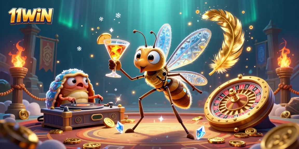 Engage with 11WIN's vibrant casino illustration featuring a unique frozen mosquito mascot and dynamic elements.