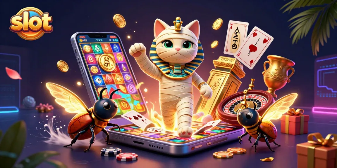 Slot dalam konsep kasino, ditampilkan dengan kucing mumi dan efek pemenang yang glamor.