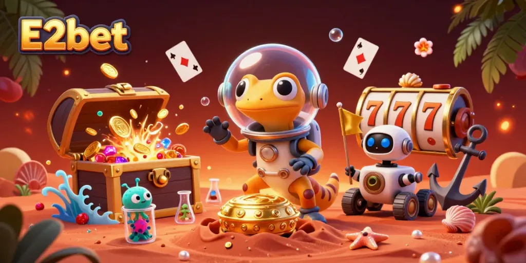 Experience E2bet with a Martian gecko and robot rover discovering a golden casino in a richly detailed scene.