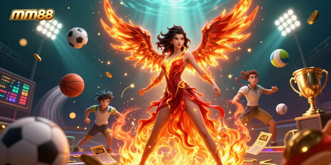 Experience thrilling gaming at mm88 with dynamic sports balls and a fiery phoenix in an exciting casino scene.