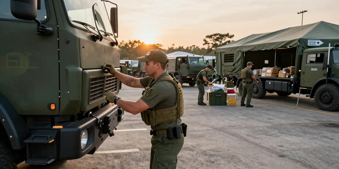Transportation professional conducting vehicle checks at https://88m.lifestyle/ military base, emphasizing logistics teamwork.