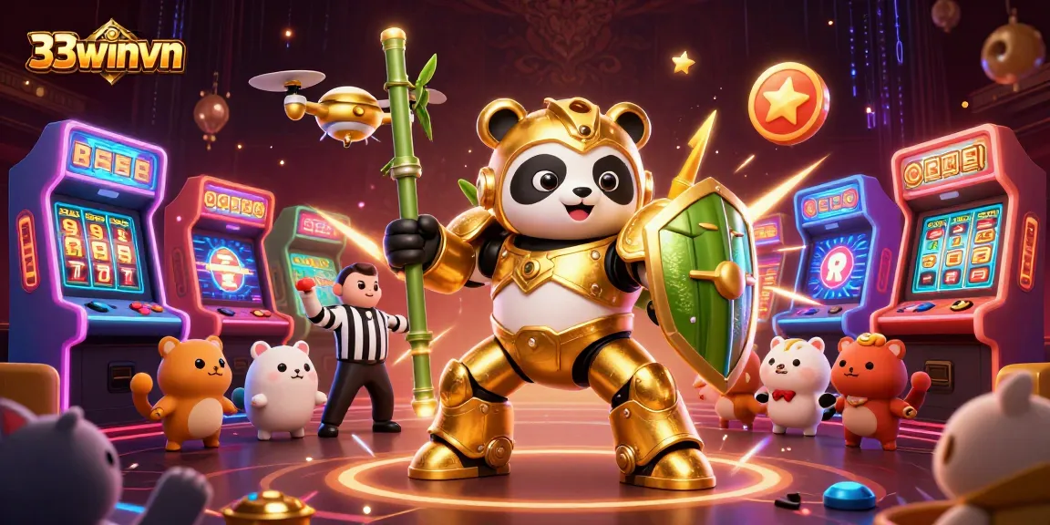 Experience thrilling gameplay at 33winvn, featuring a mech-suit panda in a vibrant casino arena.
