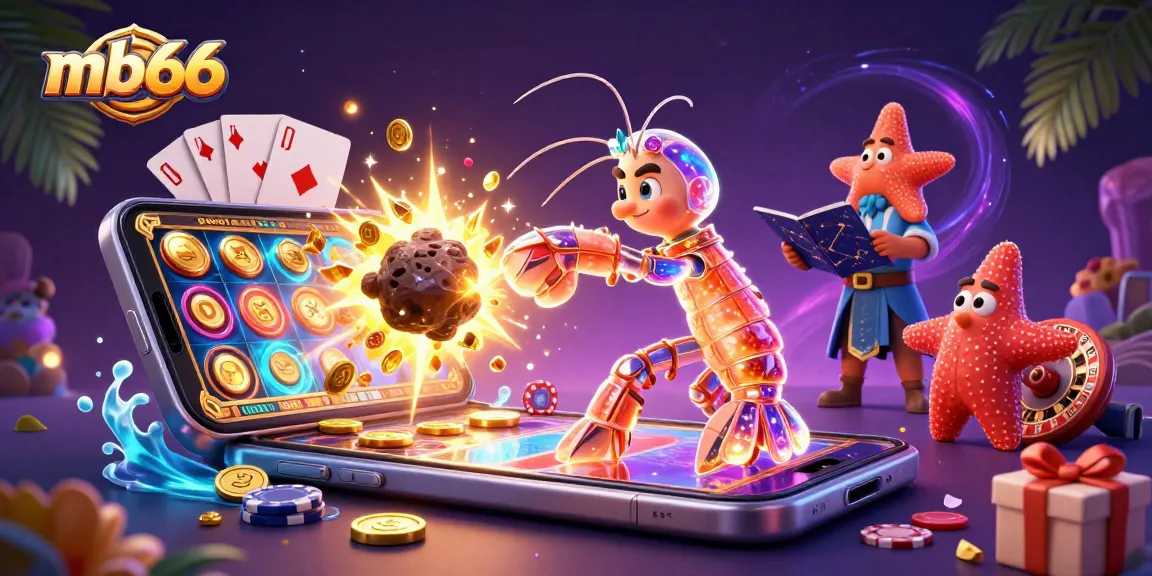 mb66 showcases a vibrant 3D scene with a galactic samurai mantis shrimp amidst exploding gems, symbolizing casino excitement.