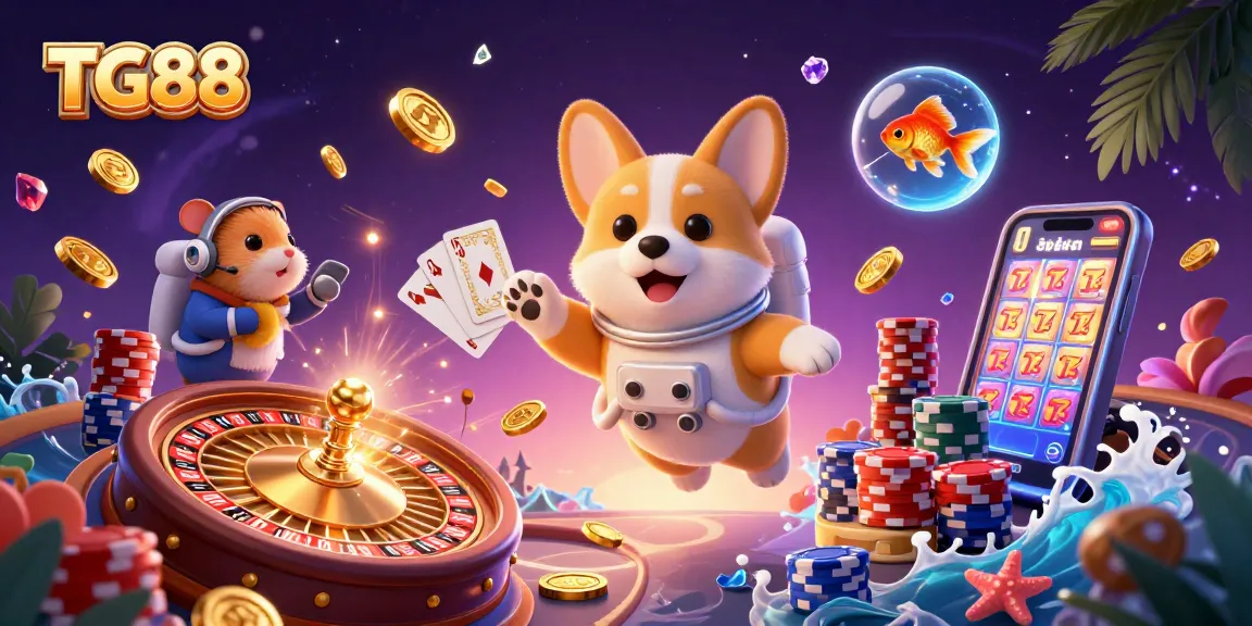 Experience exciting games at TG88 with a floating astronaut corgi and treasure-filled casino.