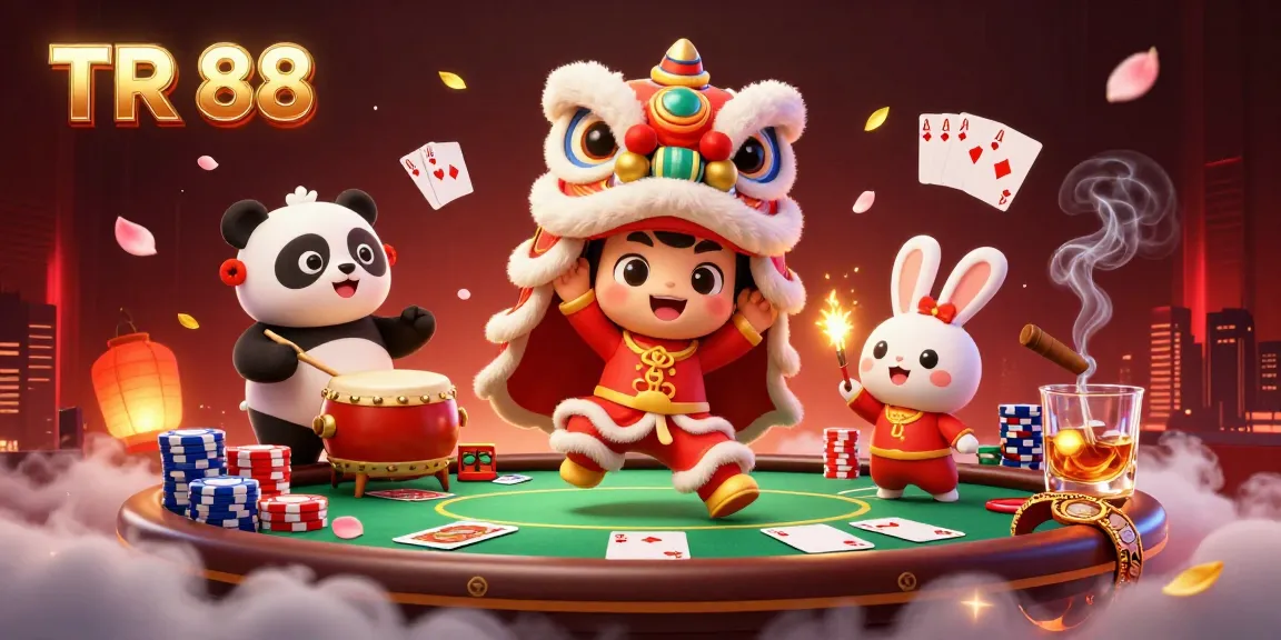 Experience thrilling moments at TR 88 with a vibrant scene showcasing a colorful lion dance, poker elements, and festive decorations.