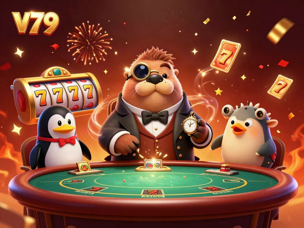 Engaging V79 gaming scene with a jolly walrus, penguin dealer, and bluffing pufferfish at a poker table.