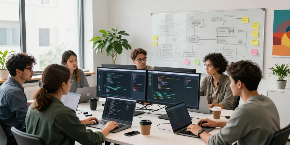 Team collaborating on spicy ai software development in a modern office.