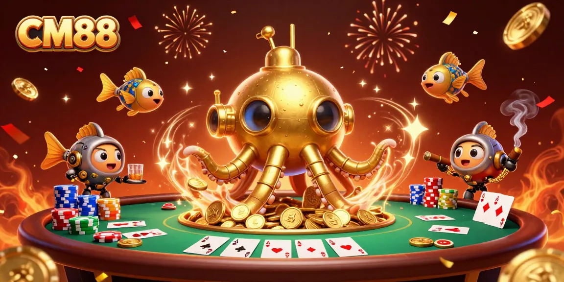 Experience thrilling poker action with CM88's golden kraken submarine amidst a treasure of coins and dynamic game elements.