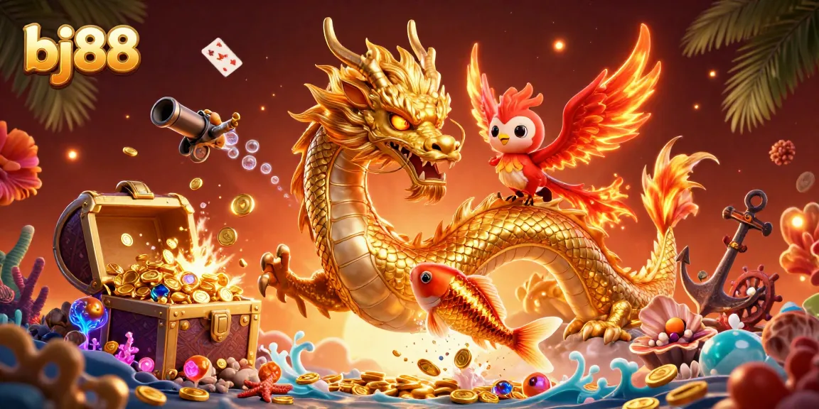 Experience exciting gameplay at bj88 with a majestic dragon, flaming phoenix, and koi fish amidst vibrant casino elements.