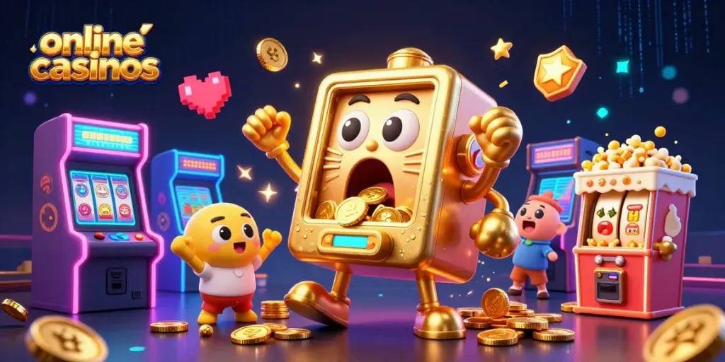 Playing at online casinos with the cheerful golden slot machine and coins flying everywhere