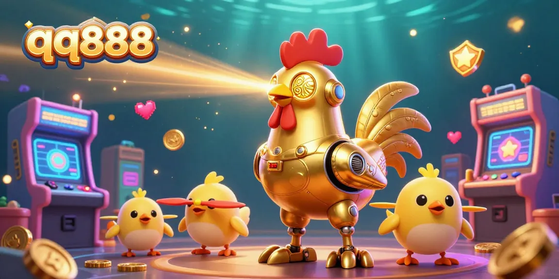 Experience winning at qq888 with a vibrant 3D casino scene featuring a golden rooster robot and arcade elements.