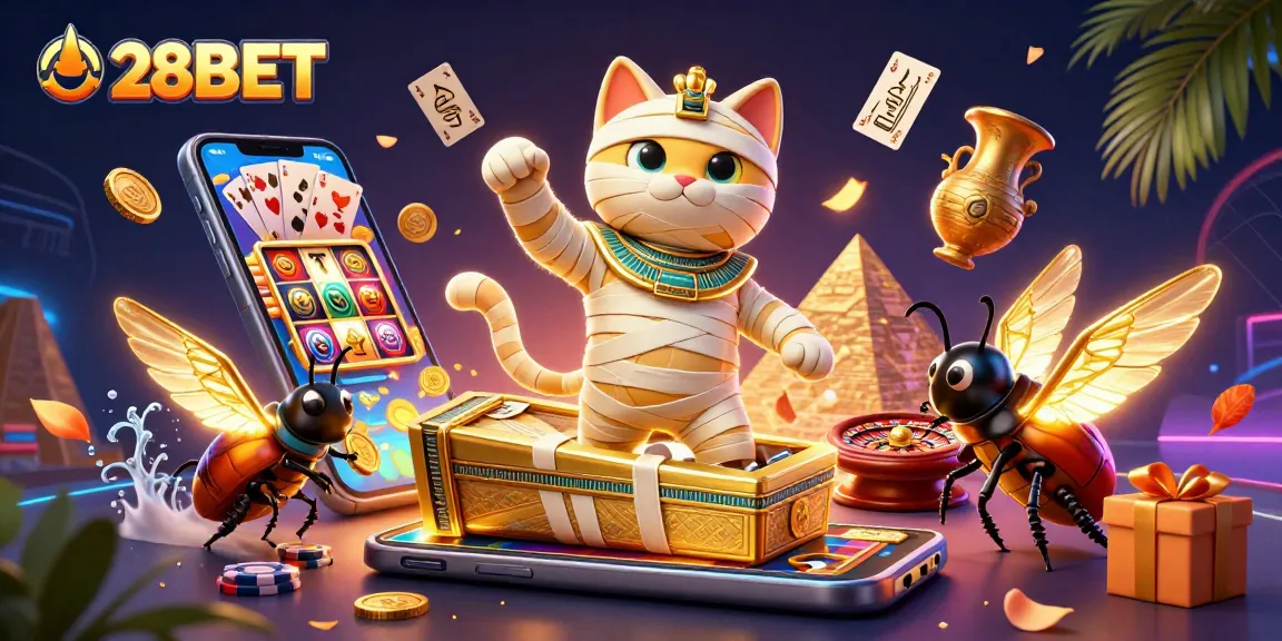 Experience the thrilling atmosphere of 28BET's casino with vibrant characters and dynamic games.