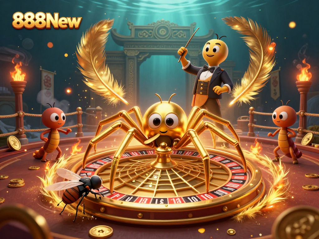 Engage with 888New's thrilling atmosphere as a fly nervously places bets surrounded by a dynamic casino scene.