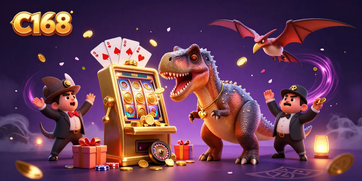 C168 features a pachycephalosaurus winning jackpots while an ankylosaur manager oversees the chaos in a vibrant casino scene.