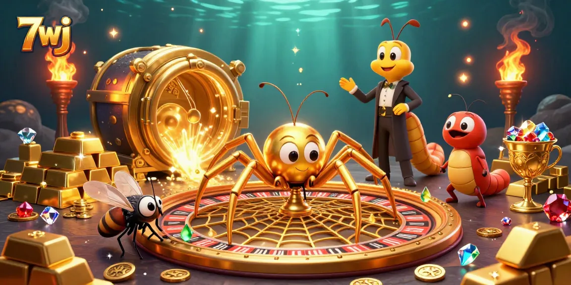 Experience thrilling bets with 7wj as a golden spider spins a roulette web in this vibrant casino scene.