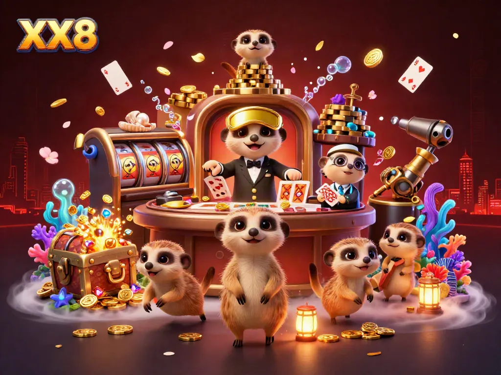 Engage in the thrilling world of XX8 illustrated by a lively casino scene bustling with animated meerkats managing games and treasures.